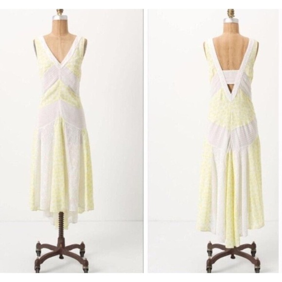 Leifnotes 6 Dress White & Yellow Bird Print Sleeveless Anthropologie Embroidered - Picture 1 of 8